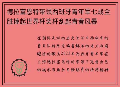 德拉富恩特带领西班牙青年军七战全胜捧起世界杯奖杯刮起青春风暴 德拉富恩特带领西班牙青年军七战全胜捧起世界杯奖杯刮起青春风暴